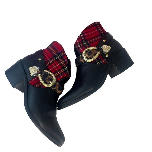 Betsey Johnson Wilma Black Plaid Booties Size 7.5 Ladies Eclectic Western Animal - Picture 2 of 12